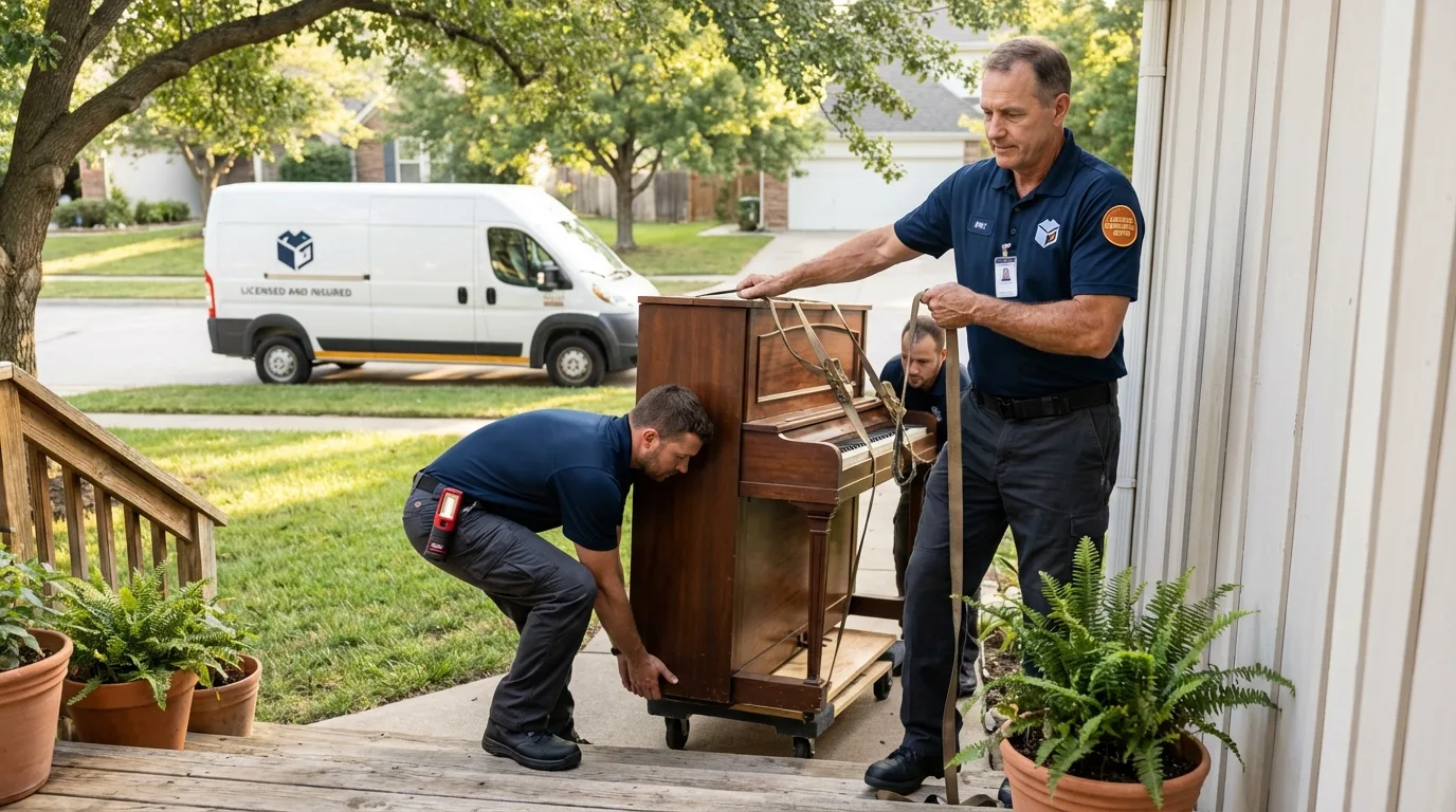 Licensed piano movers securing grand piano in Syracuse, NY